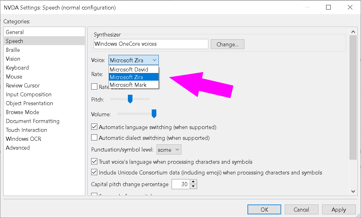 NVDA settings dialog, Speech category is selected, Voice menu is expanded